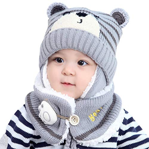 Hihey Enfants Chapeau Hiver Chaud Bonnet Chapeau Capuche Tricoté Chapeaux Earflap (6-24 Mois),Gris