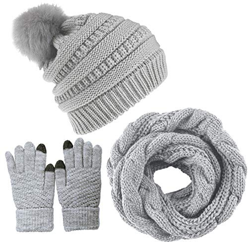 CheChury Women Winter Hat Scarf and Gloves Set Soft Warm Thick Knitted Pom Cap Touch Screen Gloves Loop Scarf 3 PCS Set,Grey,One size