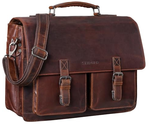STILORD 'Clarence' Leder Businesstasche Männer Vintage Aktentasche Große Umhängetasche für 15.6 Zoll Laptop und Breite DIN A4 Ordner Trolley Aufsteckbar, Farbe:florida - braun