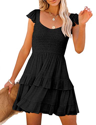 Women Summer Dresses Casual Boho Smocked Ruffles Sun Beach Babydoll Mini Dress Layered Flowy Swing Casaul Dress A-Black