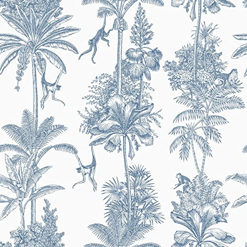 World of Wallpaper Monkey Troop Toile Tropical Wallpaper Blue/White AF0010 - Palm Trees/Leaves