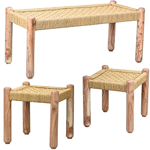 Marrakesch Boho Deko 3er Set Sitzbank Hocker Beistelltisch aus Holz & Jute Josue | Balkonmöbel Gartenmöbel Ideal im Garten Terrasse und Balkon Deko