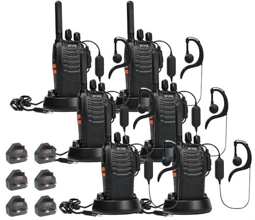 PMR446 Walkie Talkies License Free Handheld Two Way Radio pofung PT88E Long Range Walkie Talkie with 16 Channels Scan Earpieces Flashlight for Camping Warehouse Security Church School (Black 6 Pack)