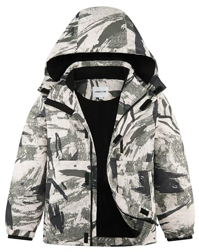 UMMTOM Wasserdichte Skijacke für Jungen, mit Fleece gefüttert, warm, Wintermantel mit Kapuze, Winterjacke für Kinder (Armeegrün, Größe 5–6)