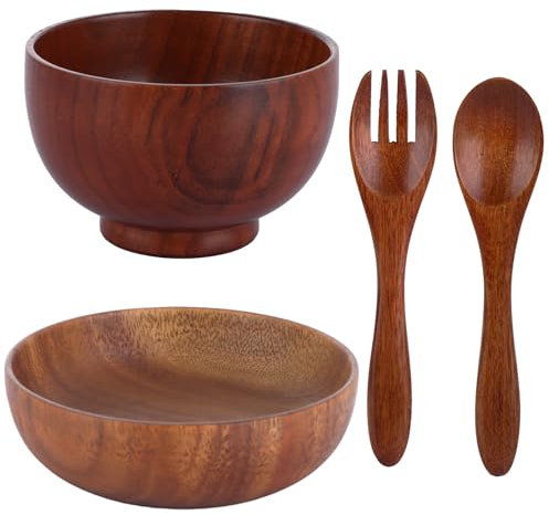 GBACHOOSE Acacia Wooden Salad Bowl and Servers Set, 12cm 10cm Wood Serving Bowl with Wooden Fork and Spoon, Wood Salad Bowl and Servers for Salad, Fruits, Vegetables