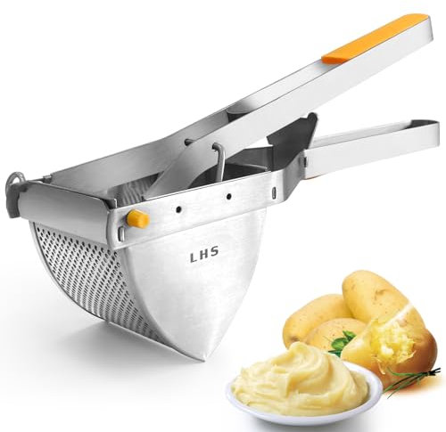 LHS Stainless Steel Potato Ricer and Masher, Heavy Duty Commercial Food Masher, Ergonomic Comfort Grip, Extra Large Capacity, Dishwasher Safe (Orange)