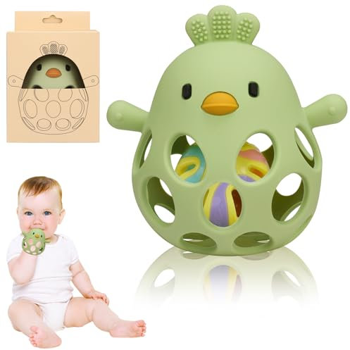 Venditer Silikon Babyrassel Hühnchen Beißring Baby, Sensorische Beißring Spielzeuge Silikon, Motorik Spielzeug, Rassel Baby, Babyspielzeug Grün