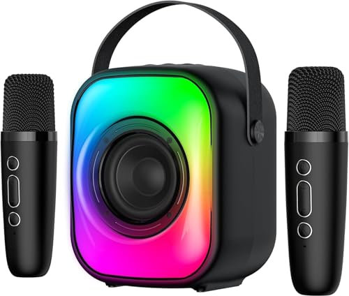 PHNIXGAM Mini máquina de Karaoke, Altavoz portátil Bluetooth con 2 micrófonos inalámbricos, micrófono de Karaoke con LED, Soporte de Altavoz para Tarjeta TF/USB, AUX-in (A Noir)