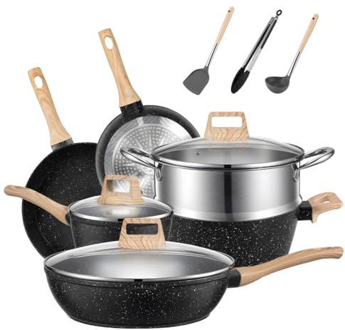 MDHAND Juego de sartenes de inducción, 12 piezas de revestimiento de granito antiadherente, juego de ollas negras, incluye sartenes, sartenes y ollas para cocinar
