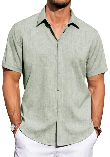 J.VER Men's Linen Shirts Short Sleeve Casual Button Down Shirt for Men Beach Summer Vacation Wedding Tops Green Large
