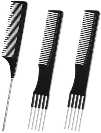 3 Packs Teasing Comb with Metal Pick Combs set, Rat Tail Comb Steel Pin Rat Tail Carbon Fiber Heat Resistant Teasing Combs with Stainless Steel Pintail for Hair Styling