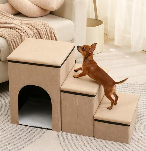 3-In-1 Dog Stairs for Bed & Sofa, Foldable Pet Steps with Storage, Secure Anti-Slip Lids,Cozy Top,Pet House, Ideal for Small, Senior, Short-Leg, Injured Pets,Steps for Dogs to Get on the Bed A