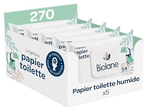 BIOLANE - Papier Toilette Humide - Lot de 5 paquets de 54 feuilles - Fibres Végétales - 99% d'ingrédients d'origine naturelle - Dès la naissance - Dissolvables - Testées dermatologiquement
