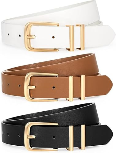 WERFORU Lot de 3 Ceintures Femme en Cuir Ceinture Mode Réglable pour Femme avec Boucle Dorée pour Jeans Robes Pantalons,Noir/Marron/Blanc