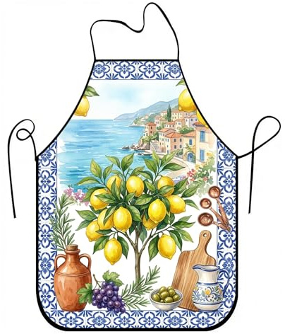 Delantal mediterráneo de limón para cocinar, diseño botánico vintage, delantal de cocina, lino culinario de verano, lavable para barbacoa, Azul, 24x31 Inch