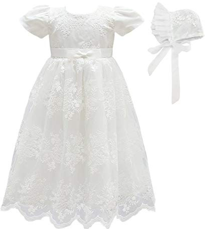 Glamulice Baby Girls Flower Christening Baptism Dress Formal Party Special Occasion Dresses for Toddler 0-6 White Infant Girl Wedding Birthday Holiday Pageant Gown Lace Newborn Church Outfit Event 3M