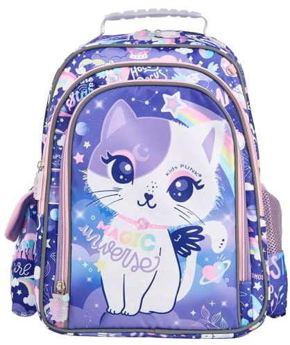 KidsPUNK Girls Backpack Kids Backpacks for Girls Cute Cat Backpack Kawaii Backpack for Preschool Elementary Kindergarten,Light Purple Color,Large Capacity,16 Inch