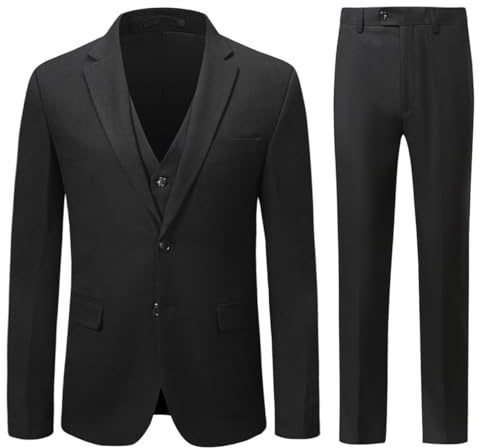Allthemen Costume Homme 3 pièces Coupe Slim Mariage Casual Veste Gilet Pantalon 2 Boutons d'affaires Noir XXL