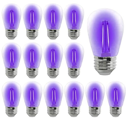 Lot de 15 ampoules LED S14 de rechange 2 W violettes pour extérieur - Incassables et étanches - En plastique transparent - Vintage - Culot E26 E27 - Guirlande lumineuse décorative (violet)