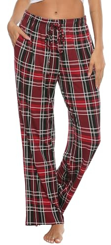 Lovasy Pantalon de Pyjama Femme Hiver Chaud Base de Pyjama Coton Long Pantalon à Carreaux Doux et Casual Vêtements de Maison B-Rouge L