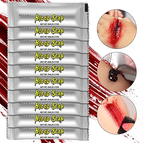DE'LANCI Lot de 10 gels de sang artificiel pour Halloween, lavables, gel de sang geroné portable SFX, maquillage, vampire, monstre, maquillage d'Halloween pour les personnes allergiques