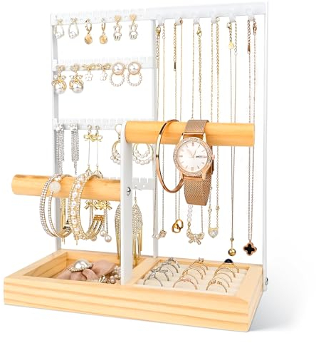 Damcyer Espositore Gioielli Collane 5 Livelli Portagioie , da Tavolo Portacollane per Gioielli Orecchini Collane, Anelli, Bracciali, Orologi, Bianco