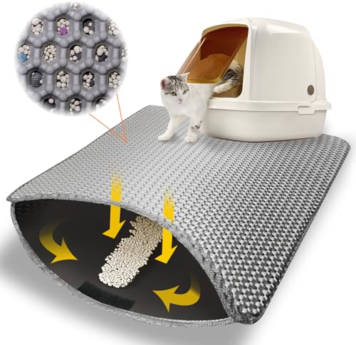 Cloison Katzenklo Matte - 30x45 CM Katzenmatte Doppelte Schichte Non-Slip Wasserdichte - Katzenmatte Katzenklo mit Klettverschluss - Bienenwabe Matte Katzentoilette - Grau