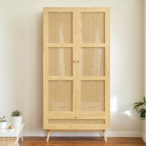 Moimhear Armario con Barra, Armario de 2 Puertas, Dormitorio, Red de ratán, Sala de Estar, con Tapa Inferior abatible, tableros de partículas+ratán de Polietileno, Natural (90x45x183cm)
