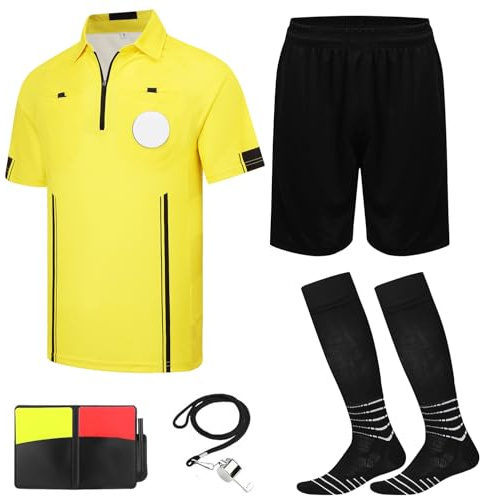 5Pcs Soccer Referee Shirt Jersey Kit Official Short Sleeve Ref Shirts Uniform Halloween Costume for Men & Women Yellow S