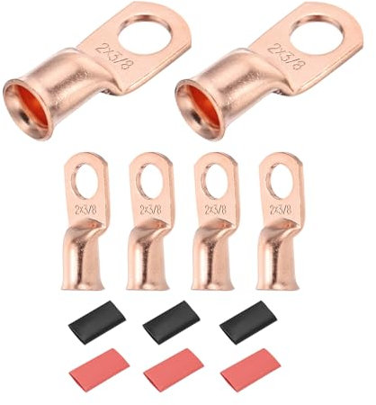 DMiotech 6 Pcs 2 AWG - 3/8 Copper Cable Lugs, Battery Cable Ends, Heavy Duty Copper Wire Lugs with 6pcs Heat Shrink Tubing for Electrical Projects, Copper