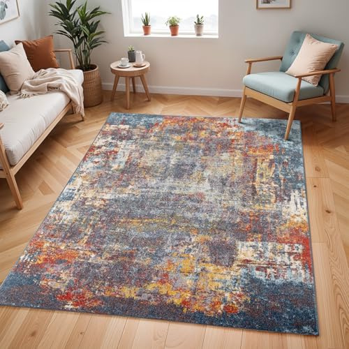Livabliss Miami Abstract Rug - Area Rugs Living Room 140x200 cm, Dining Room, Lounge, Kitchen, Bedroom - Modern Marble Large Rug, Soft Luxurious Easy Care Medium Pile, Dark Blue, Rust and Grey