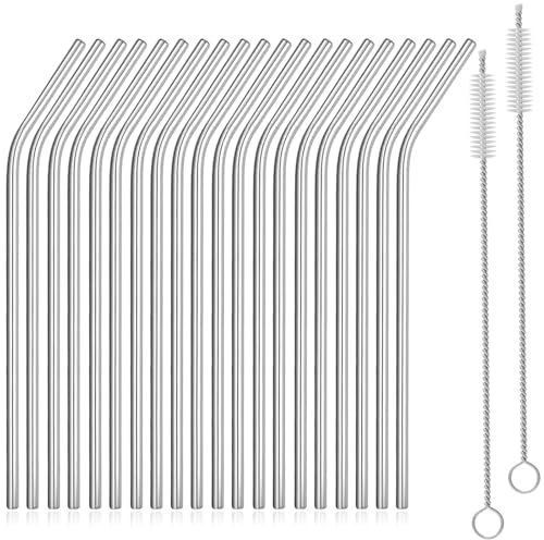 20er Pack wiederverwendbare Edelstahl Strohhalme, 304 Metall Trinkhalme Set, kommt mit 2 Reinigungsbürsten, umweltfreundlich, spülmaschinenfest, geeignet für Eiskaffee und Getränke.