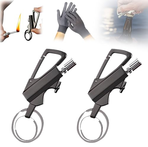 2025 New Keychain Lighter, Permanent Match Infinity Lighter with Multitool Keychain Bottle Opener, Essential Metal Keychains for Outdoor, Car and Home (Black+Black+Gloves)