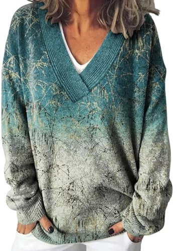 Udbeksid Pull Femme Halloween Imprimé Sorcière Col V Tricoté Vintage Pulls Automne Hiver Sweatshirt Oversize Manches Longues Pull Norvégien Chaud Décontracté Mode Pulls Grande Taille