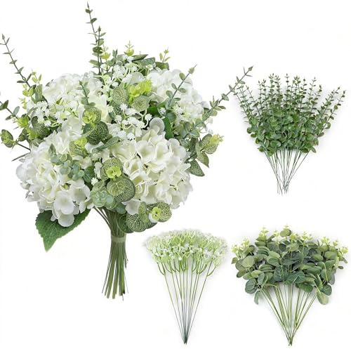 Qunwreath 4 Kinds 55PCS Silk Hydrangea Artificial Flowers Eucalyptus Stems, Fake Flower Suitable for Vase Bedroom Kitchen Decor Home Party Table Wedding Decor DIY Floral Decoration
