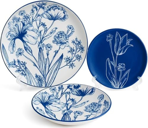 Servizio Piatti per 6 Persone in stoneware 18 pezzi per Lavastoviglie modello (papaveri blu)