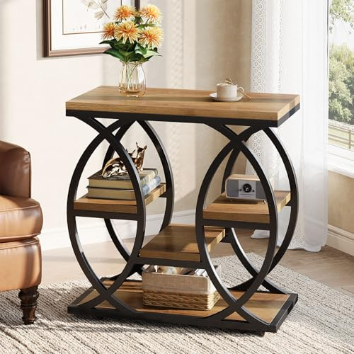 Tribesigns Table d'appoint à 4 étagères - Table de chevet étroite avec espace de rangement - Table basse industrielle pour salon, chambre à coucher, entrée, marron clair