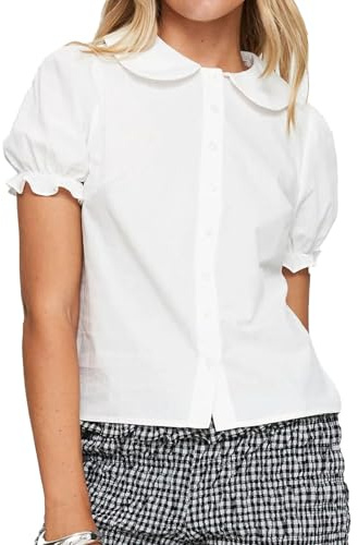 Caziffer Women's Collared Shirt Summer Short Sleeve Buttons Down Shirt Puff Sleeve Doll Neck Top Elegant French Preppy Blouse (White, M)