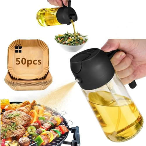 Pulverizador Aceite Spray 2 en 1 Aceitera Spray Pulverizador de Vidrio 470ml Spray Aceite Air Fryer + 50 Moldes de Papel Incluido Recipiente Antigoteo Imprescindible Para Cocina Ensaladas y Barbacoa