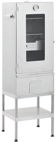 Ahumador para horno de barbacoa con mesa de acero galvanizado, ahumador exterior para carne con estantes de almacenamiento, termómetro y ventana de visualización, tornillo ajustable para suelo