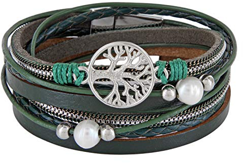 StarAppeal Wickelarmband mit Perlen, Ketten, Flechtelement und Lebensbaum Anhänger, Magnetverschluss Silber, Damen Armband (Grün)