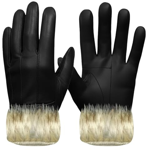 Sterling Smart® Ladies Touch Screen Leather Gloves - Women's Genuine Leather With Fur Trim Winter Mittens - Thermal Warm Driving Gloves (Black, S/M)