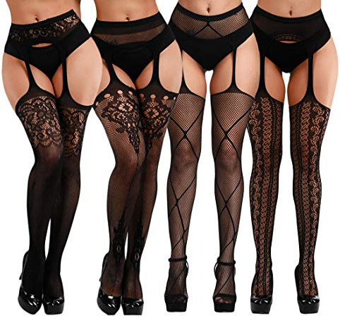 DRESHOW 4 Pack Women Fishnet Tights Suspender Pantyhose Thigh High Stockings Plus Size