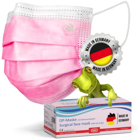 kela OP-Maske - 50x Medizinische Maske Pink/Rosa | 100% Made in Germany | OEKO-TEX Standard | Premium Atemschutz Mundschutz OP Maske | MNS Typ IIR Einwegmaske