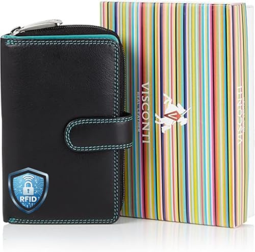 VISCONTI Leder Portemonnaie Damen RFID Schutz Geldbeutel Damen Geldbörse Bifold Mehrfarbig Portmonee in Geschenk-Box - Aqua