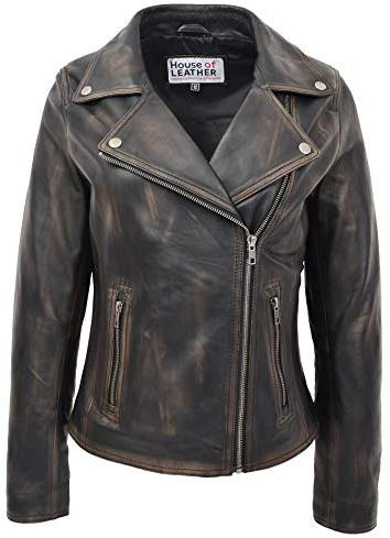 Chaqueta de motociclista de piel auténtica para mujer, estilo Lola, Frotar., 44