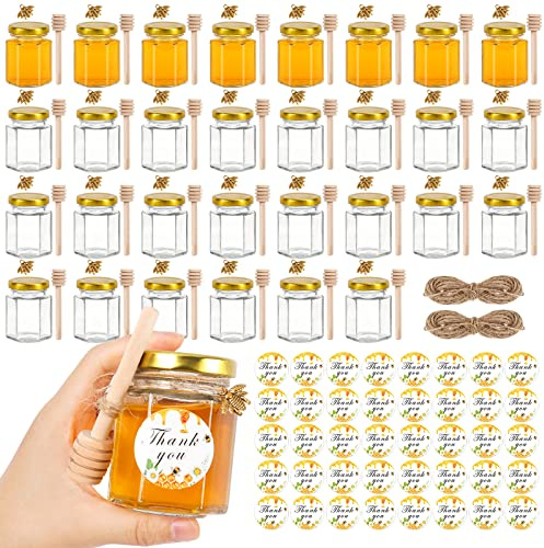 AuroTrends 3oz Mini Honey Jars with Dipper 30Pack, Empty Glass Jars for Baby Shower Favors/Wedding Favors for Guests- Mini Jar with Wooden Dippers