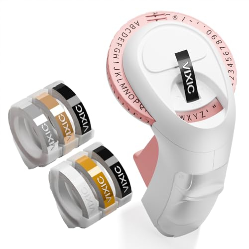 Vixic Beschriftungsgerät Prägegerät, 3D Mini Etikettiergerät, Tragbarer Beschriftungsgerät,Etiketten Prägegerät mit 6 Etikettenband,Label Maker Etikettendrucker für Organisation, DIY (£, €, Ä, Ö, Ü)