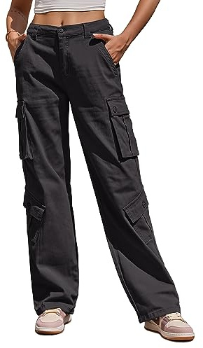 Fuakesor Cargohose Damen Baggy Y2K Multi Taschen High Waist Stretch Wanderhose Sport Jogginghose mit Elastischen Knöcheln(Grau,S)