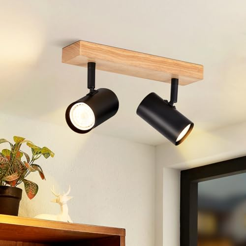 Glitzerlife Faretto da soffitto a 2 Fiamme in legno - Spot da soffitto nero GU10 orientabile a 350° Faretto da parete Faretto da interno per soggiorno camera da letto cucina corridoio sala da pranzo